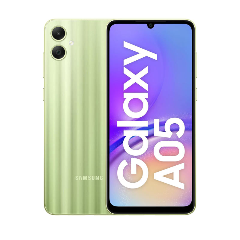 Samsung Galaxy A05 smartphone in green color with dual rear cameras and the model name on the screen.